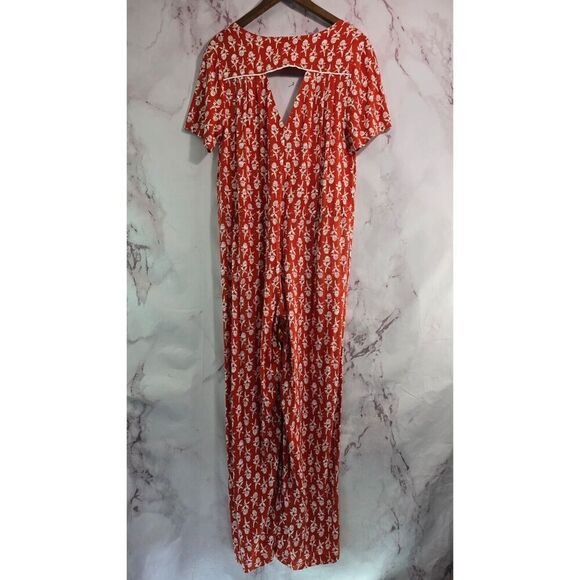 Porridge Jumpsuit Womens Medium Orange White Floral Wide Leg V Neck Pocket - Picture 5 of 11